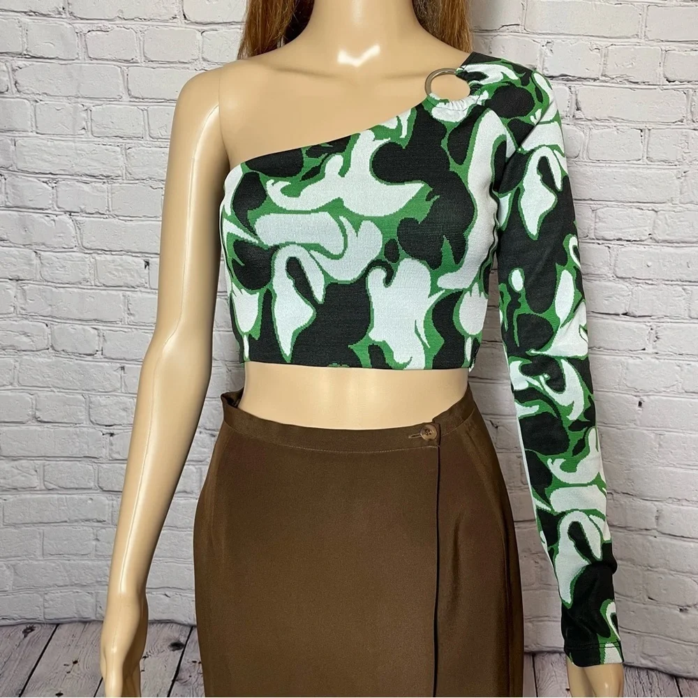 NWT New ZARA Asymmetrical Green Black Jacquard One Sleeve Top Size S